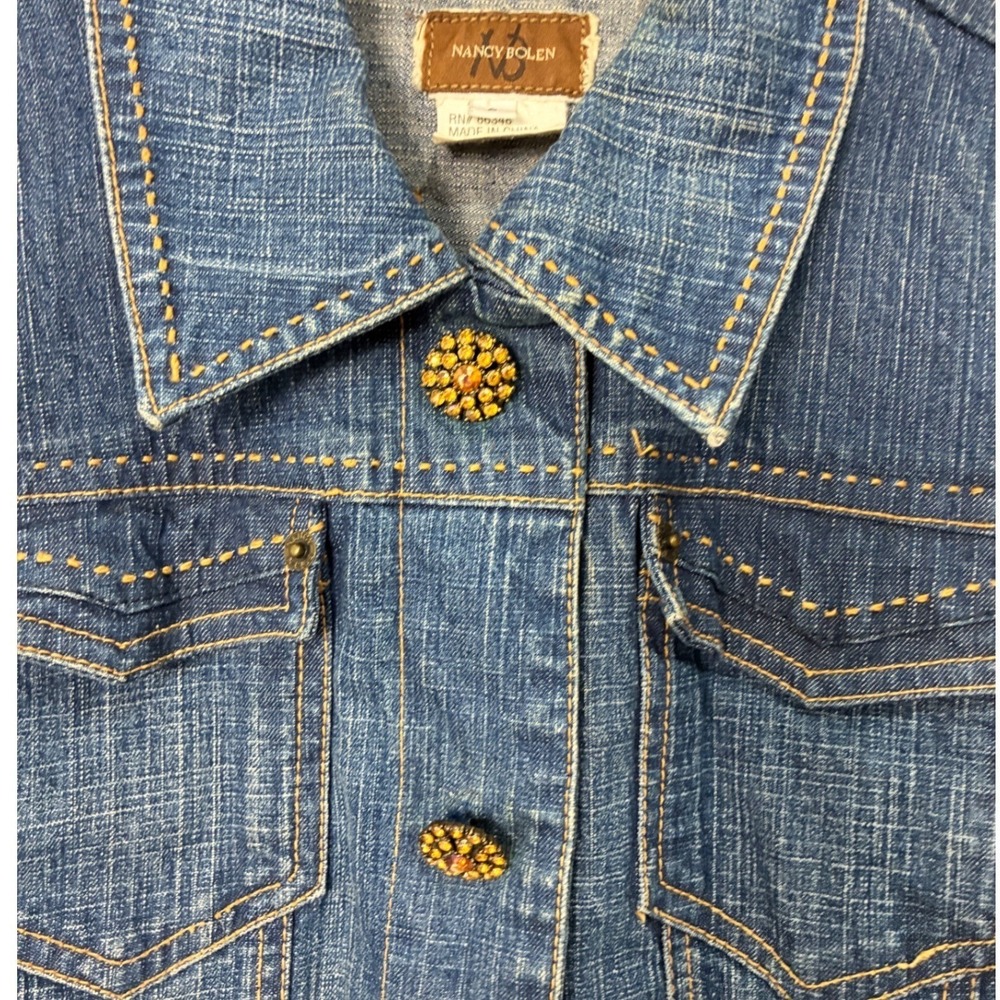 Nancy Bolen Denim Jacket Amber Bling Buttons Stretchy Cotton Blue Boho Western S - Picture 4 of 13